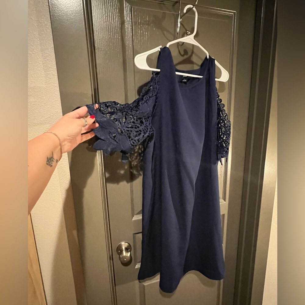 Navy sheath dress with cold shoulder lace sleeves